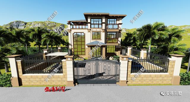 帶小院的3層歐式別墅設計圖，挑空大客廳大露臺，設計后的別墅總能起到事半功倍的效果。