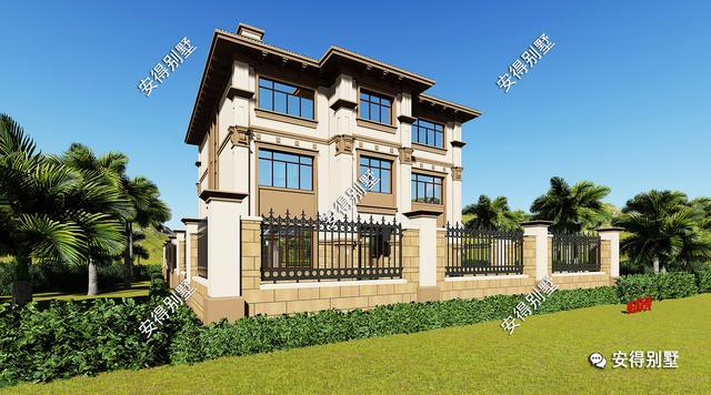 帶小院的3層歐式別墅設計圖，挑空大客廳大露臺，設計后的別墅總能起到事半功倍的效果。