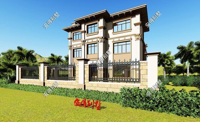 帶小院的3層歐式別墅設計圖，挑空大客廳大露臺，設計后的別墅總能起到事半功倍的效果。