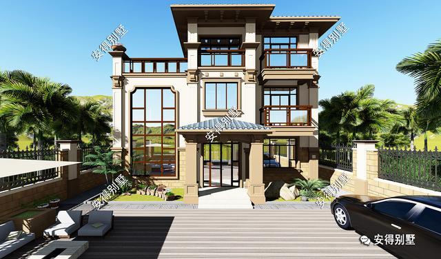 帶小院的3層歐式別墅設計圖，挑空大客廳大露臺，設計后的別墅總能起到事半功倍的效果。