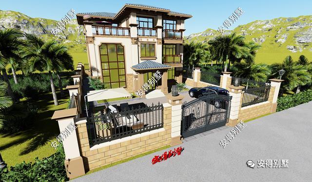 帶小院的3層歐式別墅設計圖，挑空大客廳大露臺，設計后的別墅總能起到事半功倍的效果。