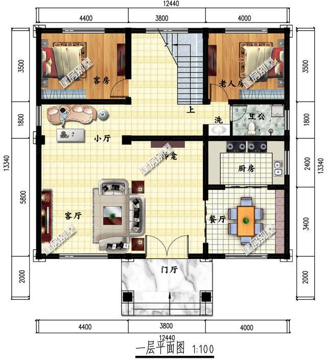 復(fù)式三層別墅設(shè)計圖，12.4×13.3米，布局合理，節(jié)省空間
