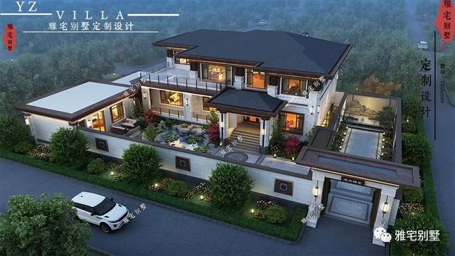 河北兩層新中式合院別墅設計圖，24x35米，前庭后院，小橋流水