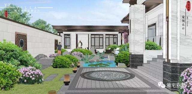 河北兩層新中式合院別墅設計圖，24x35米，前庭后院，小橋流水