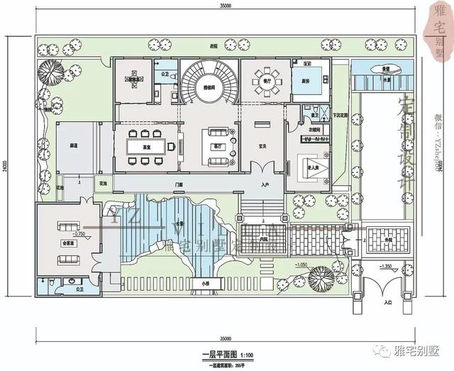 河北兩層新中式合院別墅設計圖，24x35米，前庭后院，小橋流水