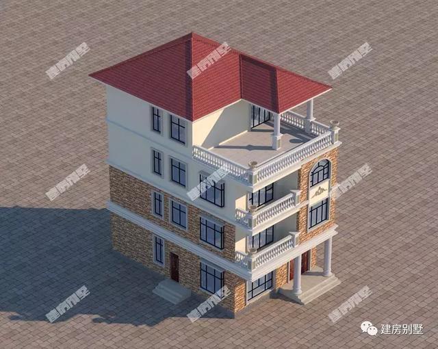 面寬8米多的四層農(nóng)村別墅設計圖，每層都做成帶廚房的套房設計