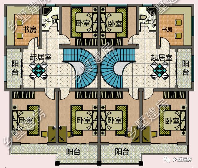 農(nóng)村兩層兄弟雙拼自建別墅設(shè)計(jì)圖，帶旋轉(zhuǎn)樓梯，看起來氣派豪華