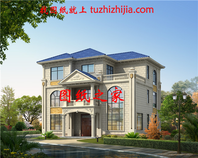 農村歐式三層帶露臺自建別墅,乳白色的真石漆外觀