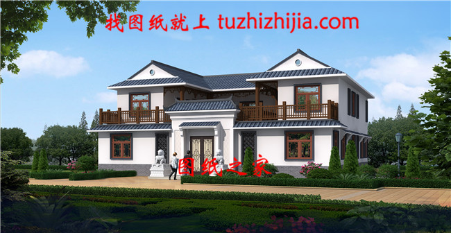 型中式二層四合院別墅設計圖，左右對稱設計
