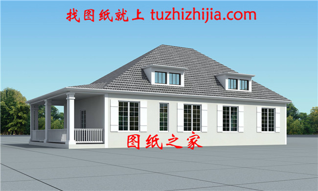 現代田園風格一層農村別墅設計圖效果圖,帶閣樓設計