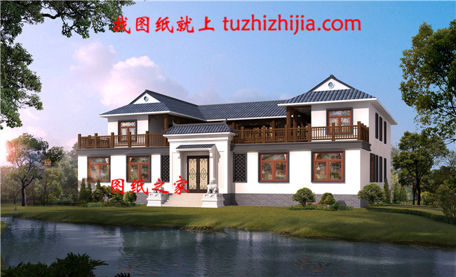 鄉村典型中式二層四合院別墅設計圖,左右對稱設計