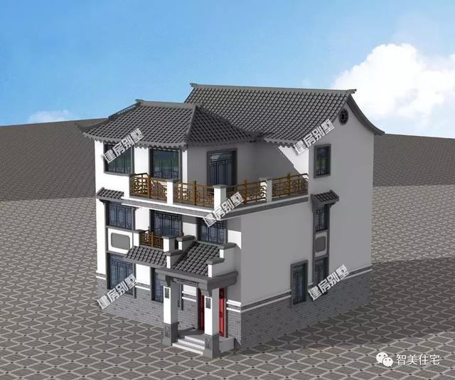 幾棟中式風(fēng)格別墅效果圖片，平頂、帶院子的都有，含方案圖