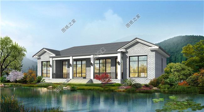 經濟實用一層雙拼農村別墅設計圖，含外觀效果圖