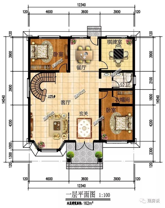 巴洛克風別墅戶型設計圖，復式樓搭配旋轉樓梯