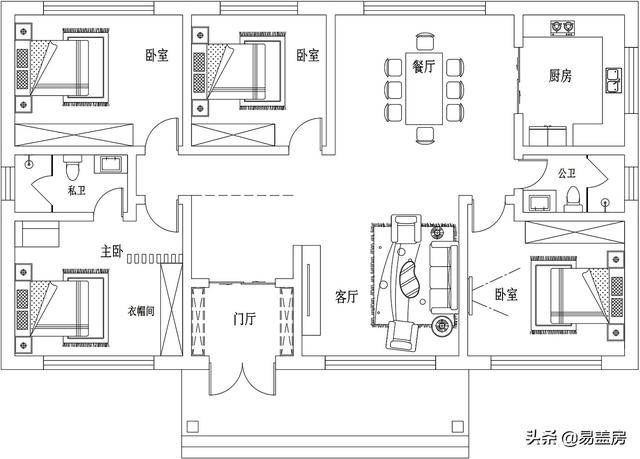 現代一層平房房子設計方案，四間好戶型