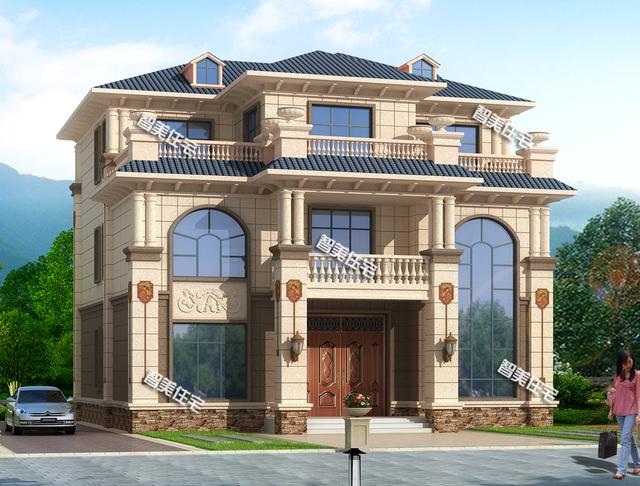 13.8×13.4米氣派高端歐式三層豪宅圖，復式帶堂屋