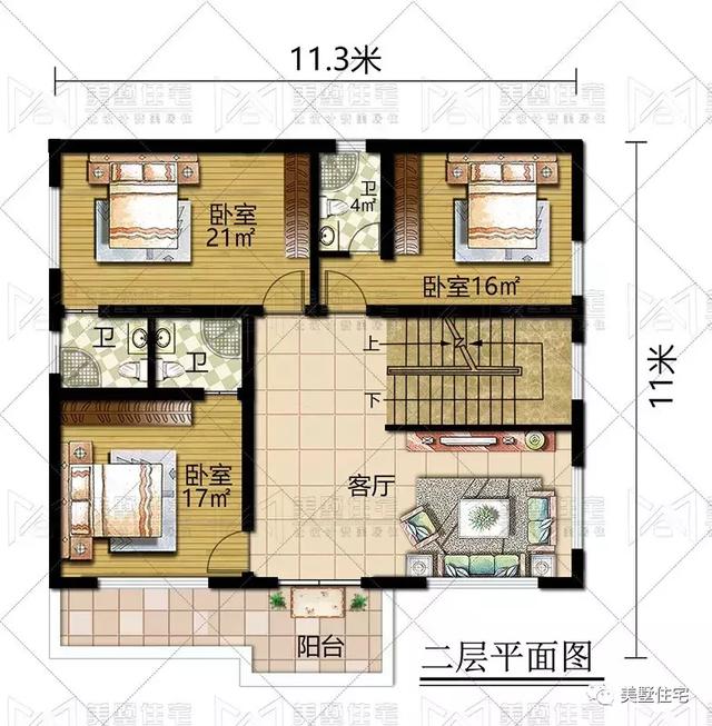 占地125平的七居室3層豪宅設計圖，人多也夠住