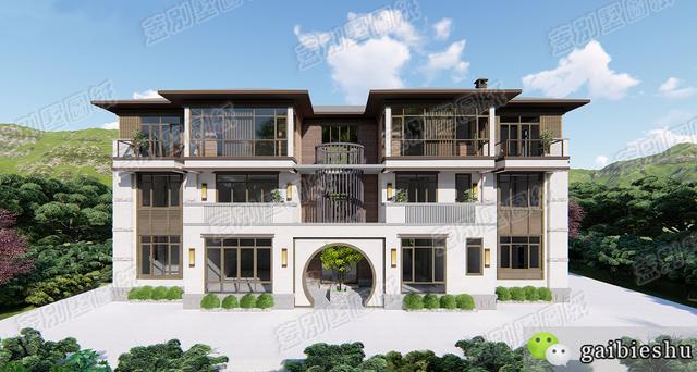 湖南婁底三層雙拼別墅效果圖及平面，外觀大氣