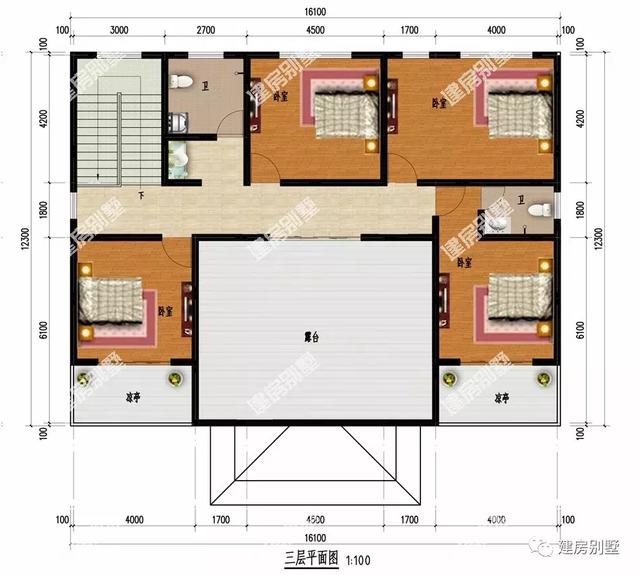 面寬16米的鄉村房子戶型圖，二層、三層的都有