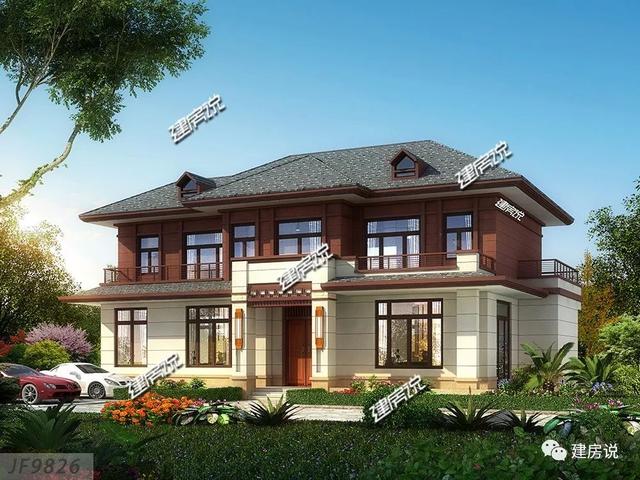 四間兩層新中式農村別墅自建房戶型圖，外觀時尚