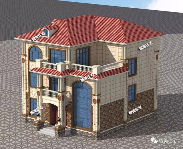 12×14.1米鄉村三層復式樓房方案圖，外觀漂亮
