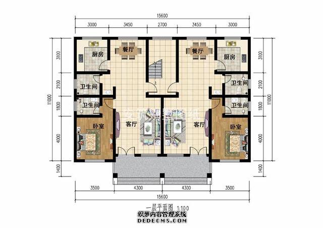 徽派小戶型二層兄弟雙拼自建房屋戶型圖，單戶不到100平