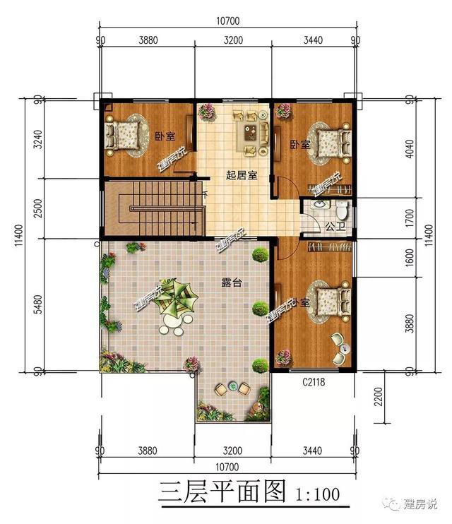 3棟120平的農村房子戶型方案設計，二層、三層的都有