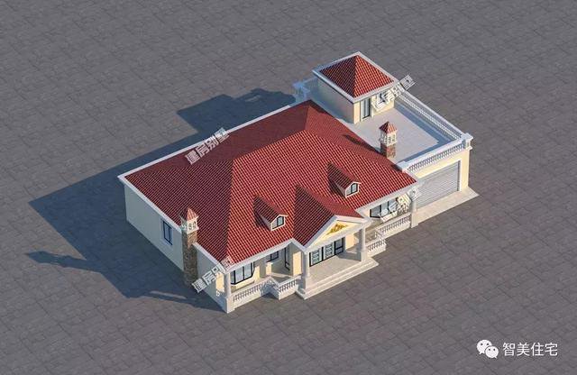 鄉村4間一層住宅設計戶型圖，帶車庫