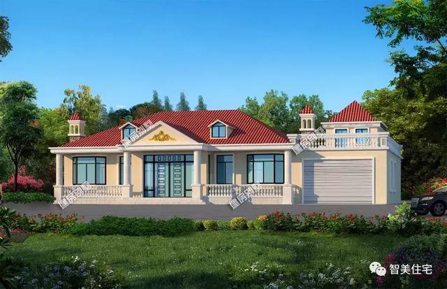 鄉村4間一層住宅設計戶型圖，帶車庫