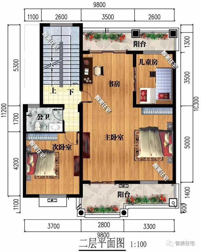 鄉村9.8×11.2米自建住宅方案戶型圖，配色適合農村