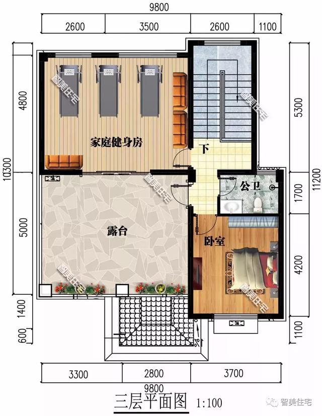 鄉村9.8×11.2米自建住宅方案戶型圖，配色適合農村