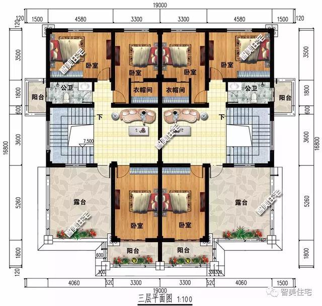 16×16.8米三層兄弟雙拼自建房，平頂設(shè)計戶型