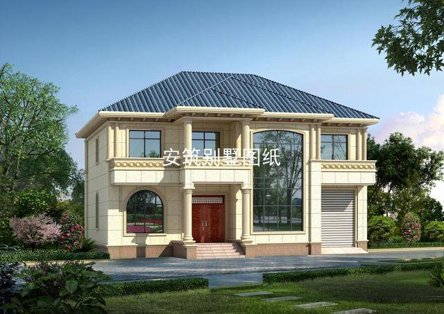 開間15米帶車庫的二層簡單樓房戶型圖，簡歐風(fēng)格