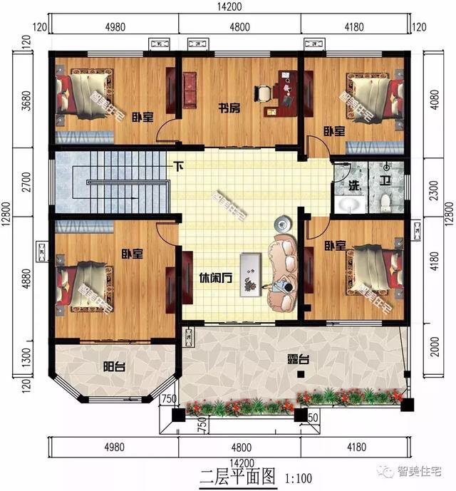 14.2×12.8米二層新民居設計圖，河南客戶私人定制