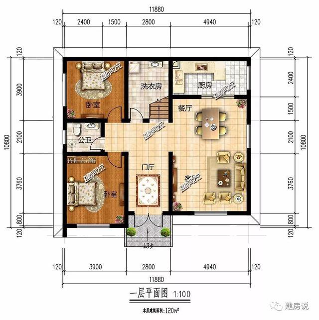 現代風格二層新民居住宅戶型圖，平屋頂設計可以當露臺