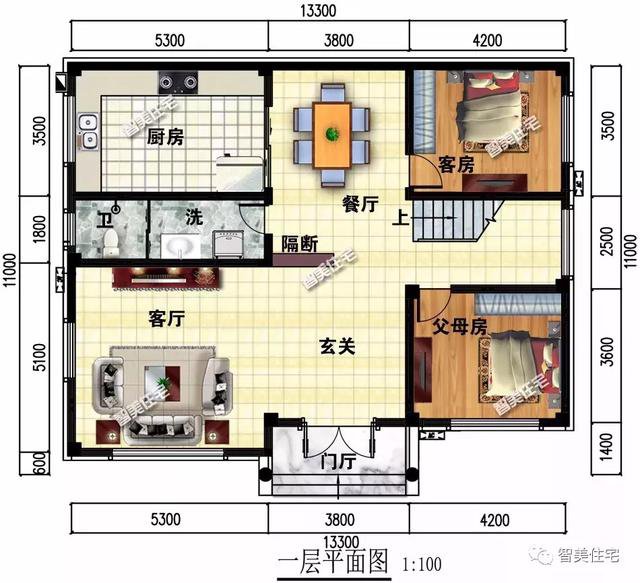 面寬13米的兩層小別墅戶型方案圖，主體20多萬