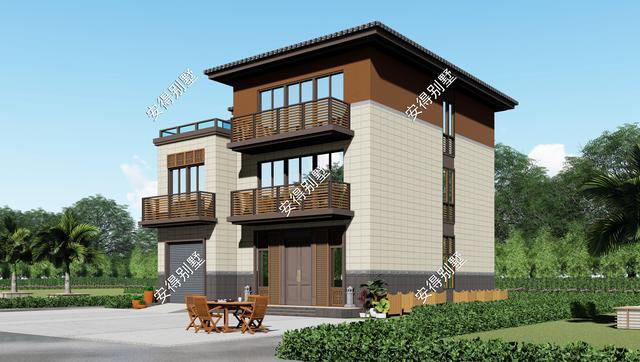 10x12.2m3層中式平屋頂帶車庫(kù)自建房子戶型圖，住著很舒服