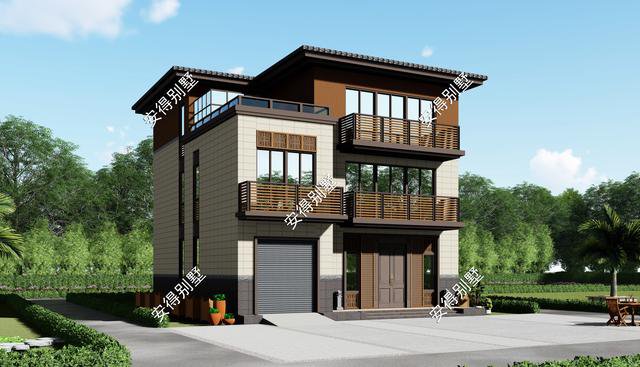 10x12.2m3層中式平屋頂帶車庫(kù)自建房子戶型圖，住著很舒服