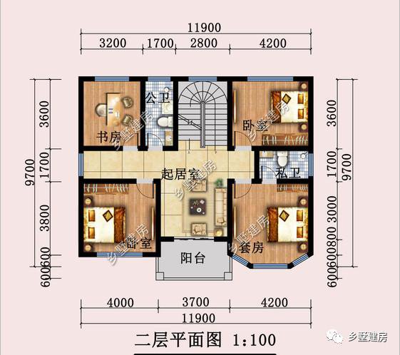 開間11.9米，進深9.7米的三層歐式住房戶型圖