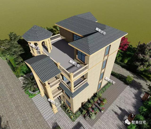 帶露臺涼亭的四層農(nóng)村自建房戶型方案圖，小亭子很漂亮