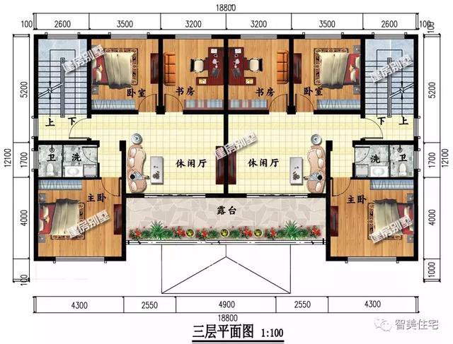 共用堂屋設計的雙拼別墅戶型方案圖，二層、三層各一套