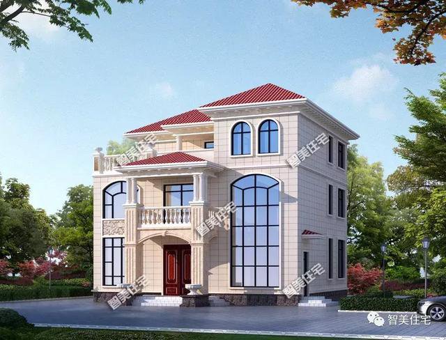 寬12米旋轉(zhuǎn)樓梯復(fù)式三層洋房戶型方案圖，歐式風(fēng)格