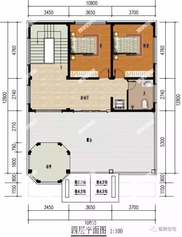 客廳挑空樓頂帶涼亭的四層自建房戶型設計圖，旋轉樓梯