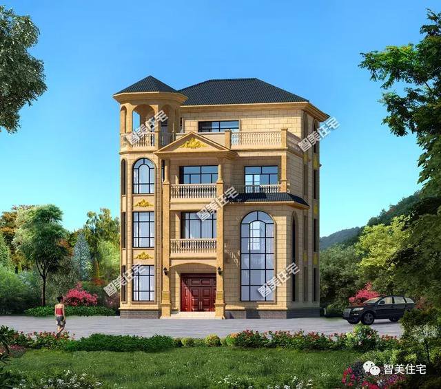 客廳挑空樓頂帶涼亭的四層自建房戶型設計圖，旋轉樓梯