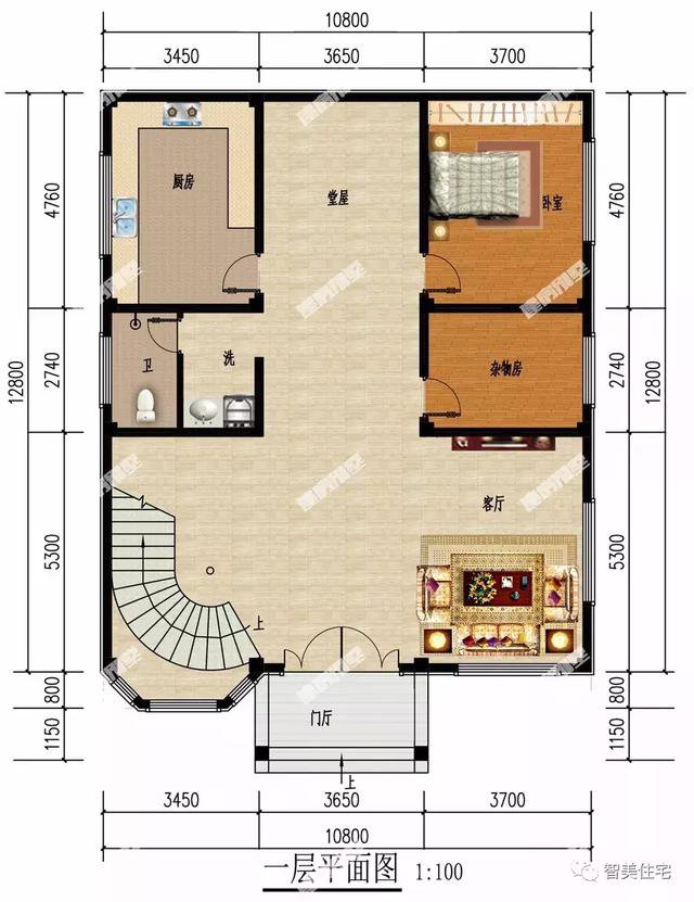 客廳挑空樓頂帶涼亭的四層自建房戶型設計圖，旋轉樓梯