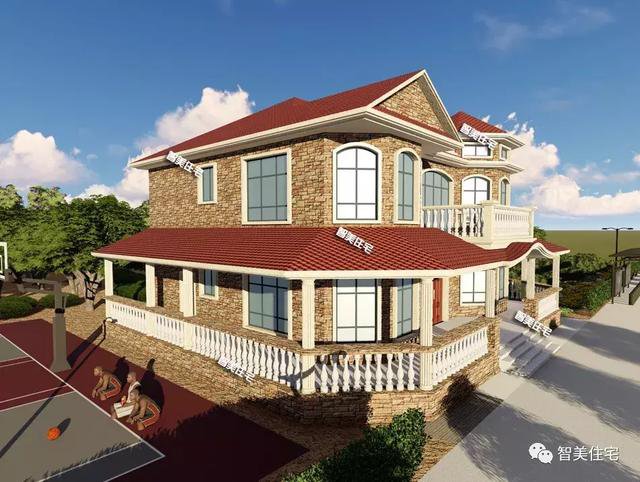 16.9×13.8米農(nóng)村二層半住宅戶型方案圖，純歐式風(fēng)格