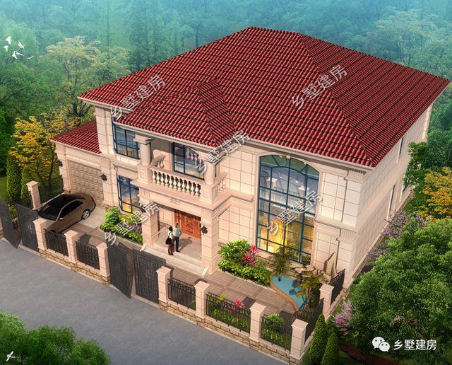 14×13米的二層小洋樓戶型方案圖，復式中空客廳