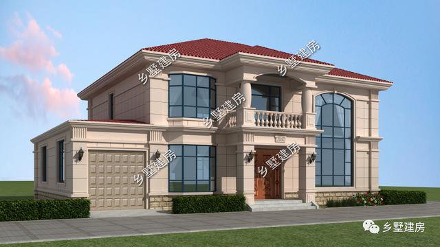 14×13米的二層小洋樓戶型方案圖，復式中空客廳