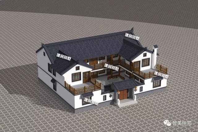 農村兩層自建住宅四合院戶型圖，白墻灰瓦