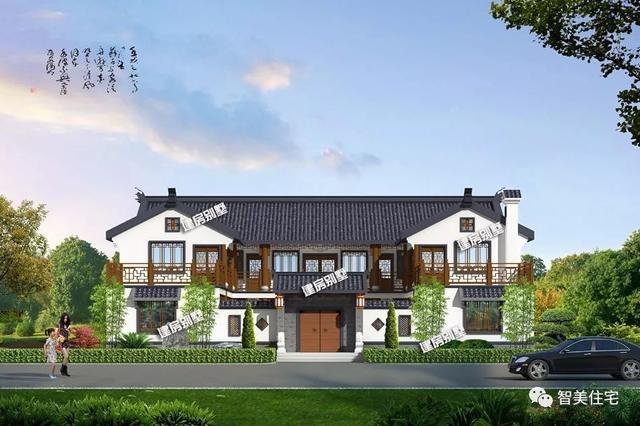 農村兩層自建住宅四合院戶型圖，白墻灰瓦